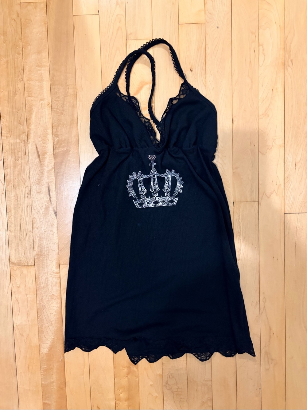 NWT Limited O-Mighty Y2K Black Crystal Crown Pointelle Baby Doll Mini Dress Sz M